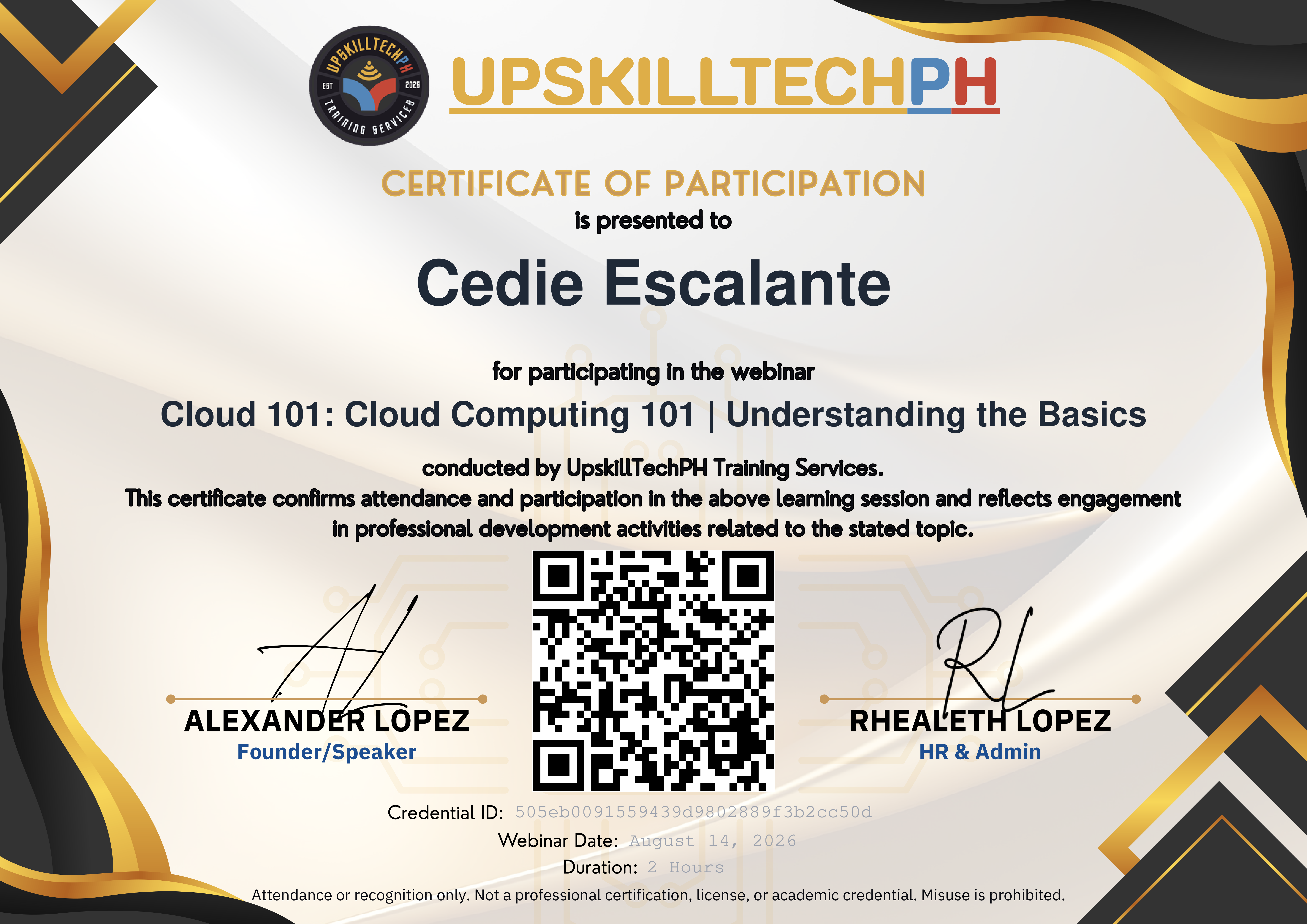 Certificate of participation for Cloud 101: Cloud Computing 101 | Understanding the Basics