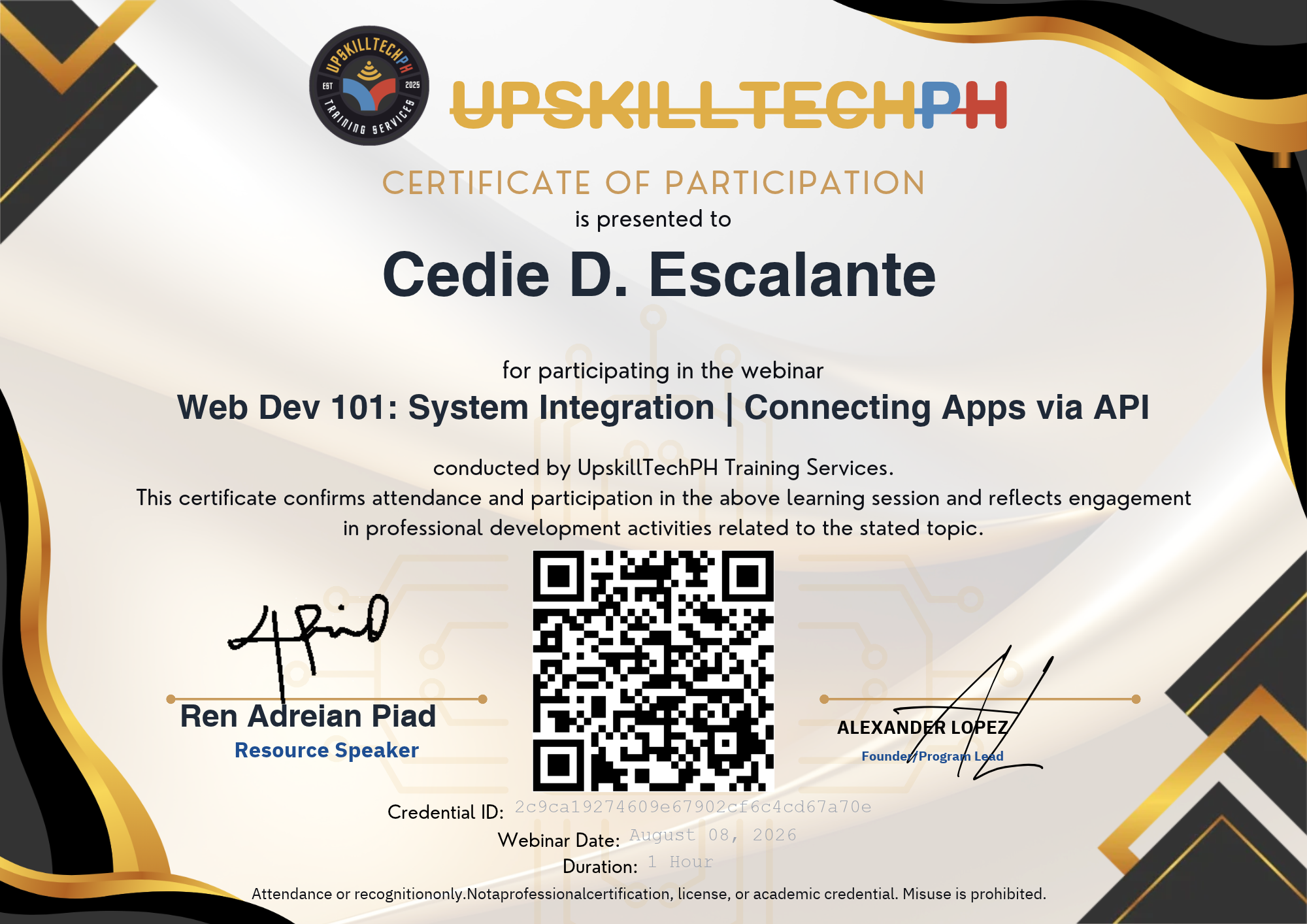 Certificate for Web Dev 101: System Integration | Connecting Apps via API