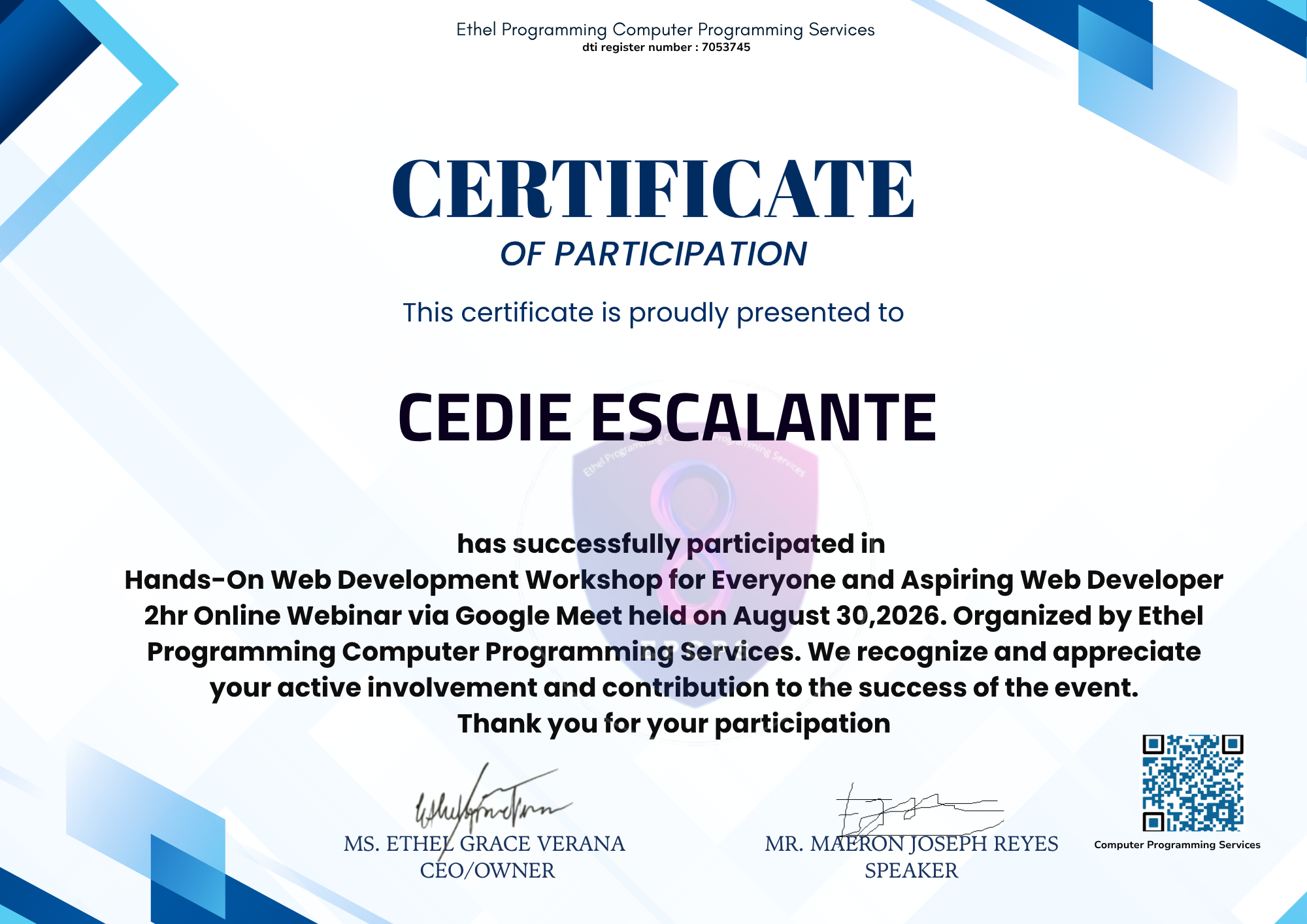 Certificate for Hands-On Web Development Workshop for Everyone and Aspiring Web Developer