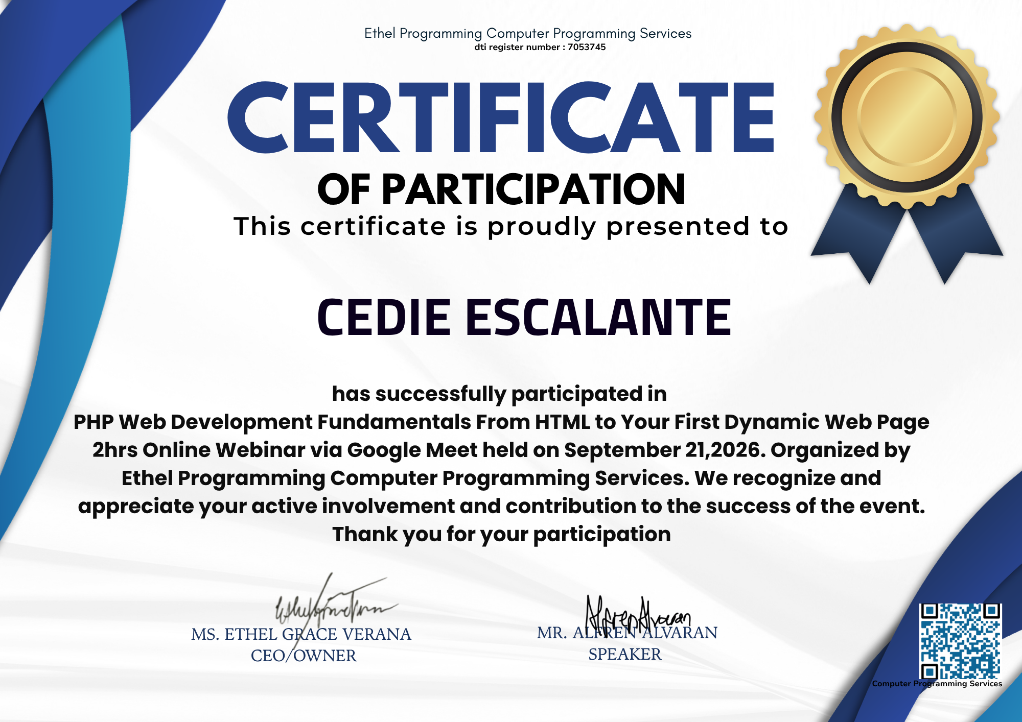 Certificate for PHP Web Development Fundamentals: From HTML to Your First Dynamic Web Page