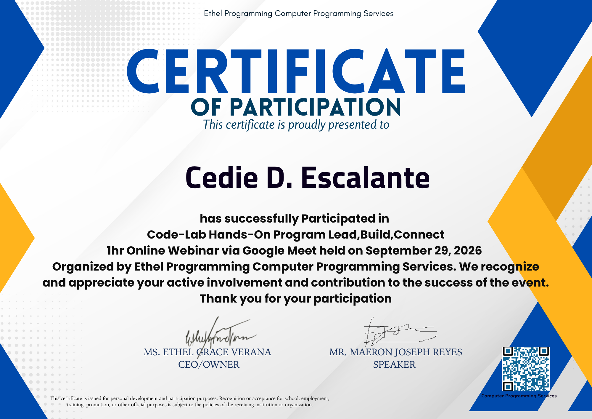 Certificate for Code-Lab Hands-On Program: Lead, Build, Connect