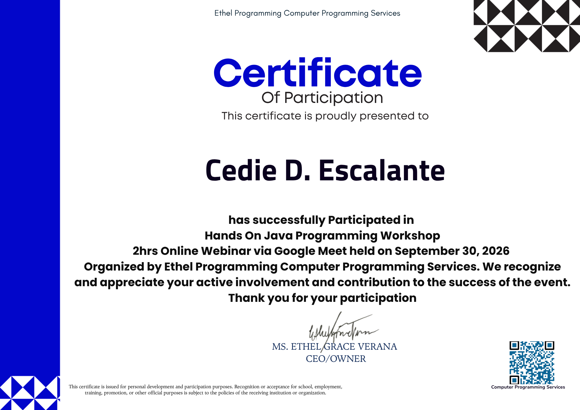 Certificate for the Hands-On Java Programming Workshop, held September 30, 2026